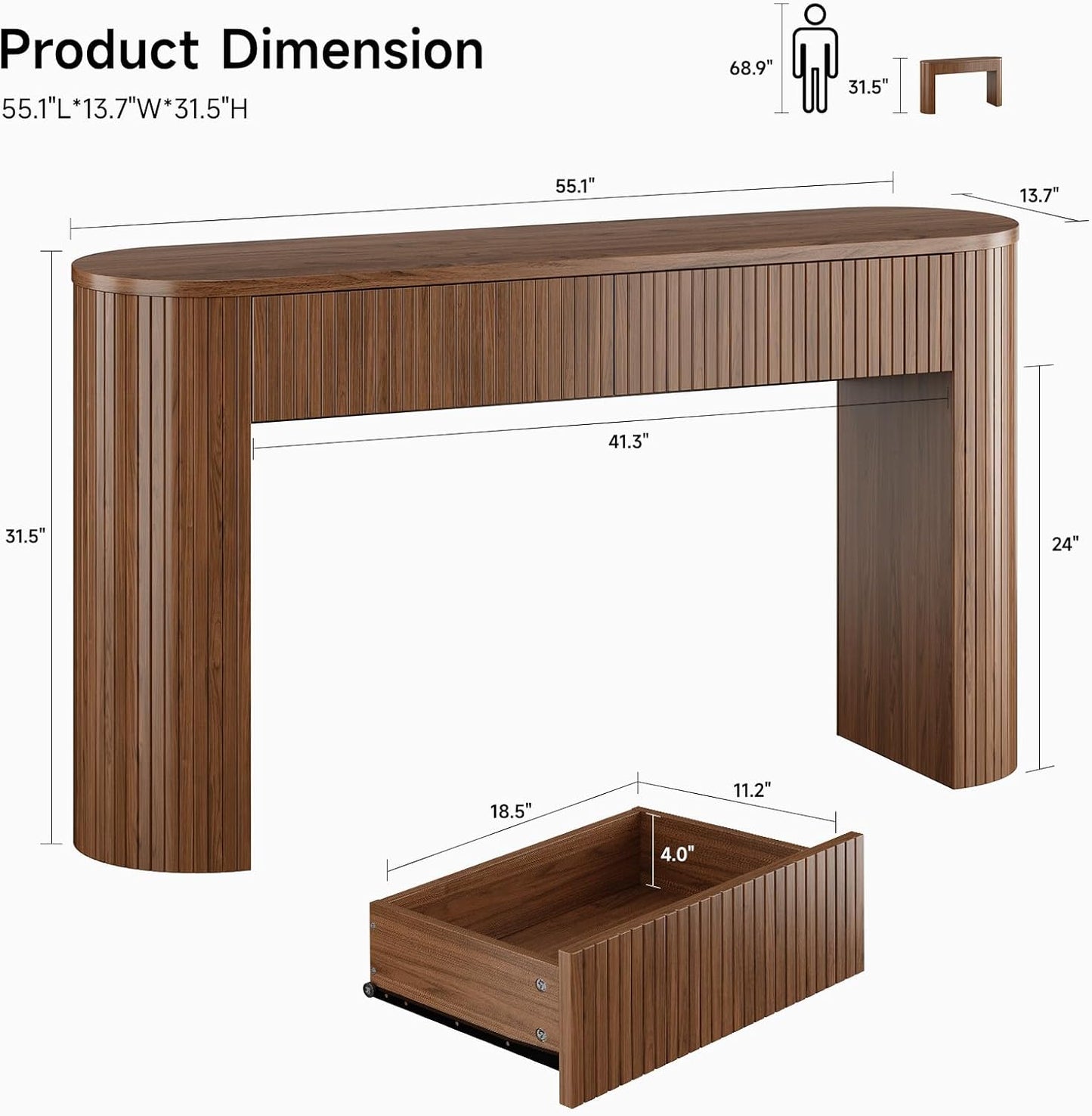 55 Inch Console Table with 2 Drawers, Fluted Entryway Tables with Storage, Sofa Table behind the Couch, Hallway Tables, Mid-Century Modern Foyer Table for Entryway, Hallway, Living Room, Black