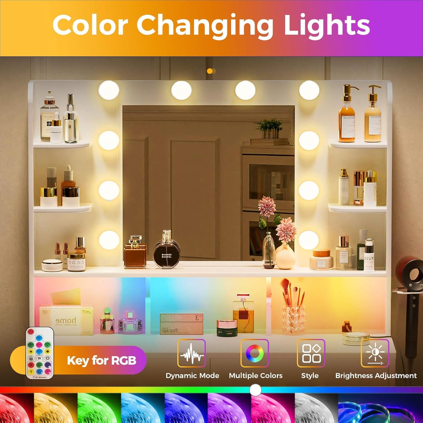 Vanity Desk with Lighted Mirror and Power Outlet, RGB LED Lights Makeup Vanity Set for Girls, Large Storage Capacity Dressing Table for Bedroom, 3 Lighting Modes Adjustable Brightness, White