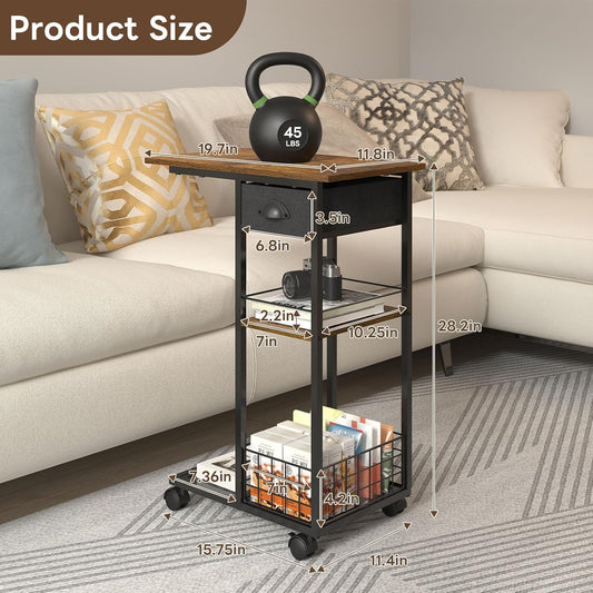 3-Tier Side Table with Wheels and 360° Rotation, C Table with Drawer, End Table for Couch, Space Saving Small Desk for Narrow Space, TV Tray, Vintage Bedside Table for Living Room, Bedroom