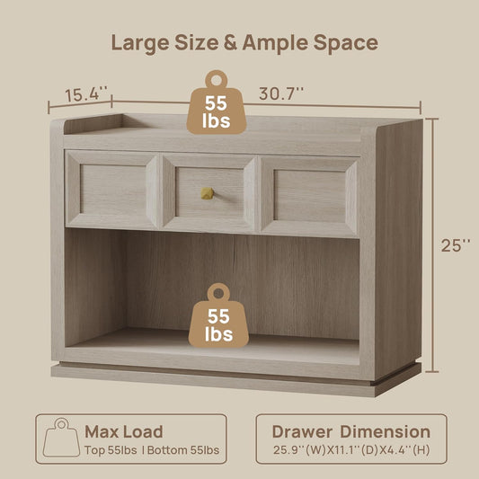 31" Wide Nightstands Set of 2, Large Night Stands with Drawer, Oversized King Size Nightstand Bedside Table for Bedroom, Farmhouse End Side Table Set of 2 with round Corners,Grey White Oak