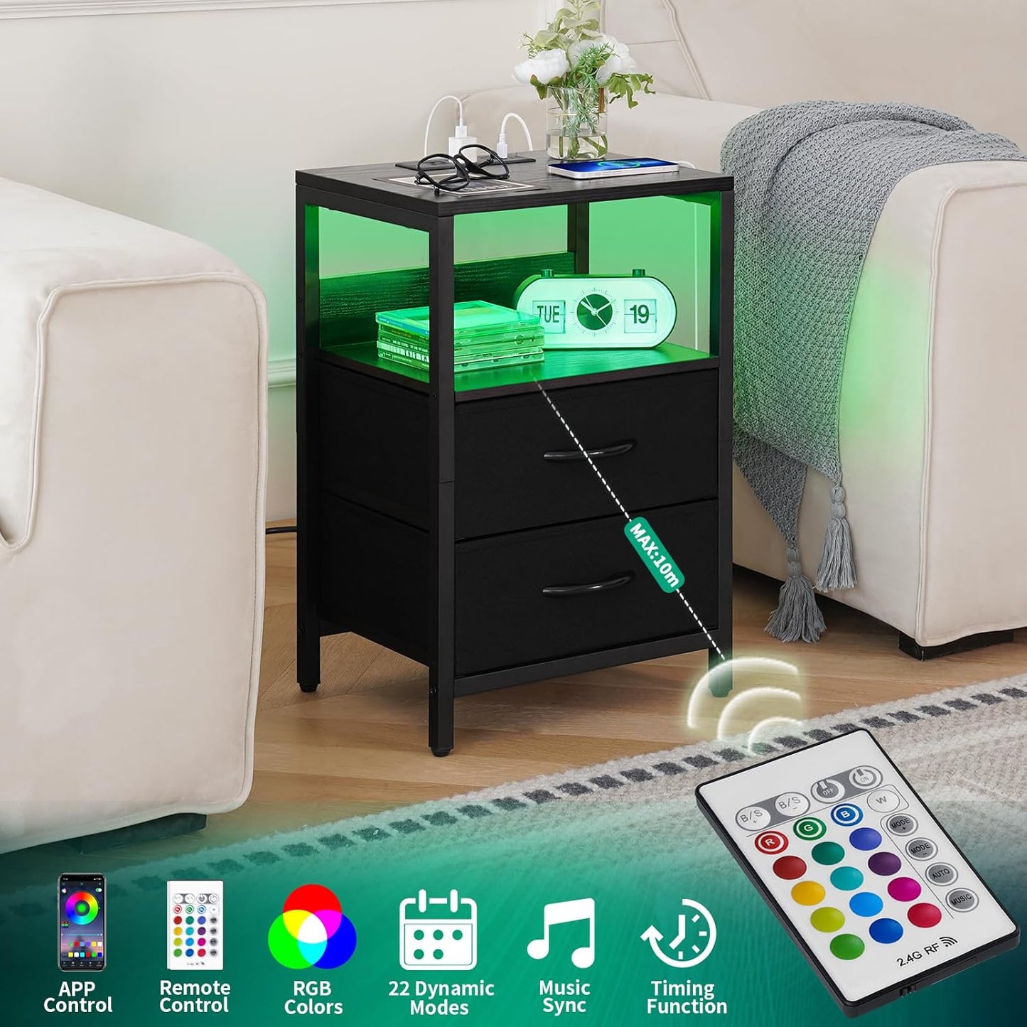 Nightstand with Charging Station, LED Night Stand with Fabric Drawers and Storage Shelf for Bedroom, Nightstands Bedside Tables with USB Ports & Outlets, Small Night Stands, Bed Side Table