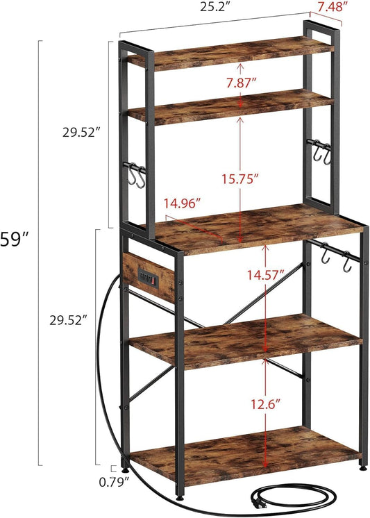 5 Tier Kitchen Bakers Rack with Power Outlet,25.2 Inch Metal Storage Shelf for Microwave, Coffee Bar, Spice Organizer, Freestanding Kitchen Cart with Hooks