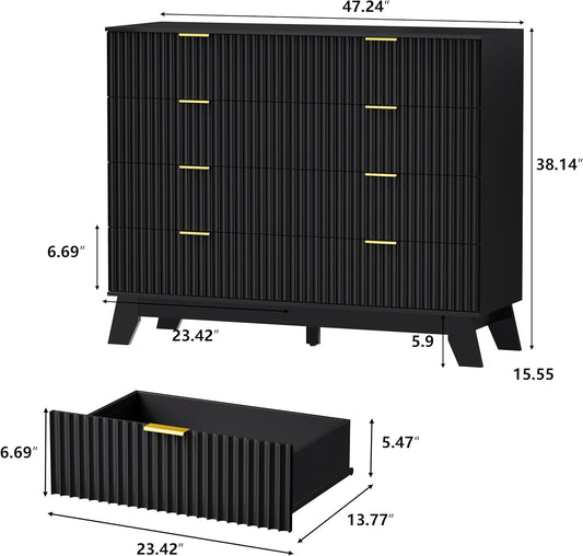 Fluted Dresser for Bedroom, 8 Drawer Dressers & Chest of Drawers, Mid Century Modern Dresser for Closet Boho Bedroom Furniture, Wooden Chests of Drawers Storage Organizer for Living Room, Black