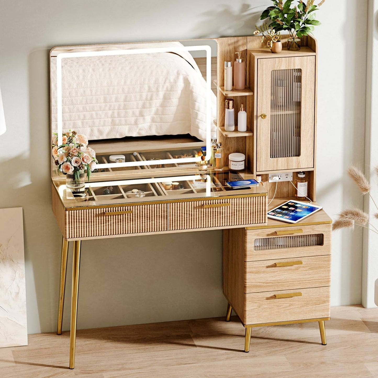 Vanity Desk with 29.53" HD Lighted Mirror, 47.24" Big Modern Vanity Desk with Mirror and Lights, Makeup Vanity with 5 Drawers and Storage Shelves and Charging Station, Oak