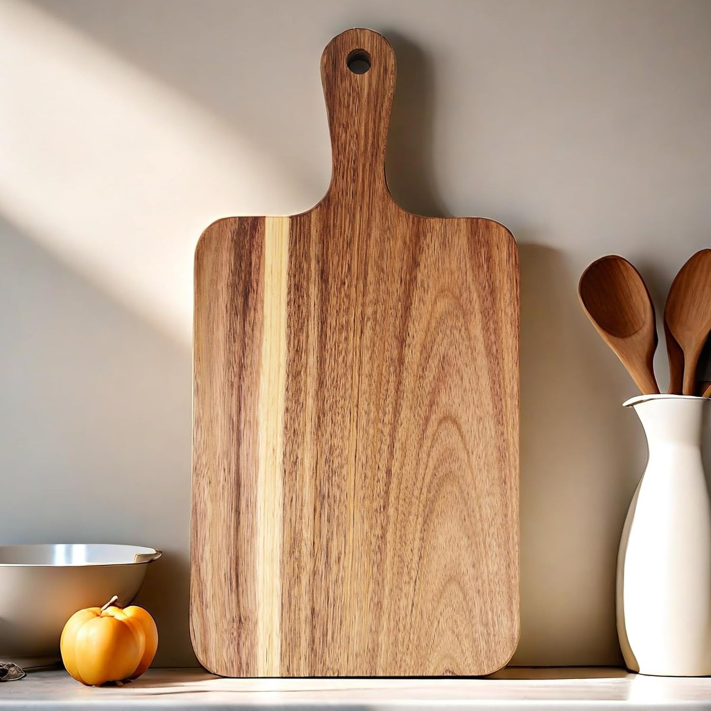 Acacia Wood Cutting Board with Handle, Wooden Cutting Boards, Chopping Board, Charcuterie Board, Serving Board for Cheese, Bread, Pizza, Vegetables & Fruits (1, 13.8"L X 7"W)