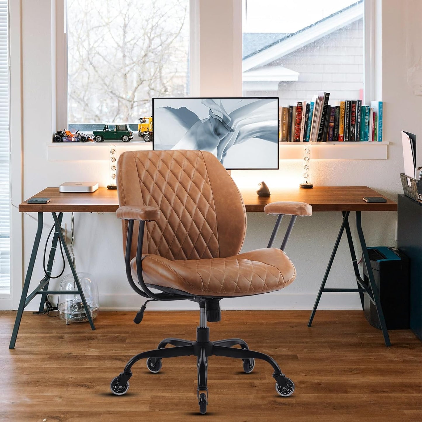 Home Office Desk Chair Office Rubber Casters Ergonomic Computer Chair with Lumbar Support Adjustable Height Rolling Swivel Executive Task Armrests Chair๏ผ Brown Leather