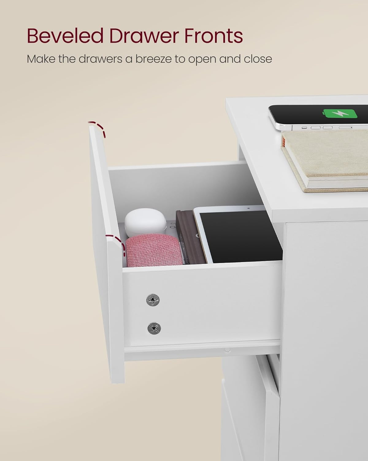 Nightstand with Charging Station, 2 AC Outlets and 2 USB Ports, Bedside Table, Side Table with 3 Drawers, Modern Style, 13.8 X 15.7 X 23.2 Inches, Cloud White ULET631W16