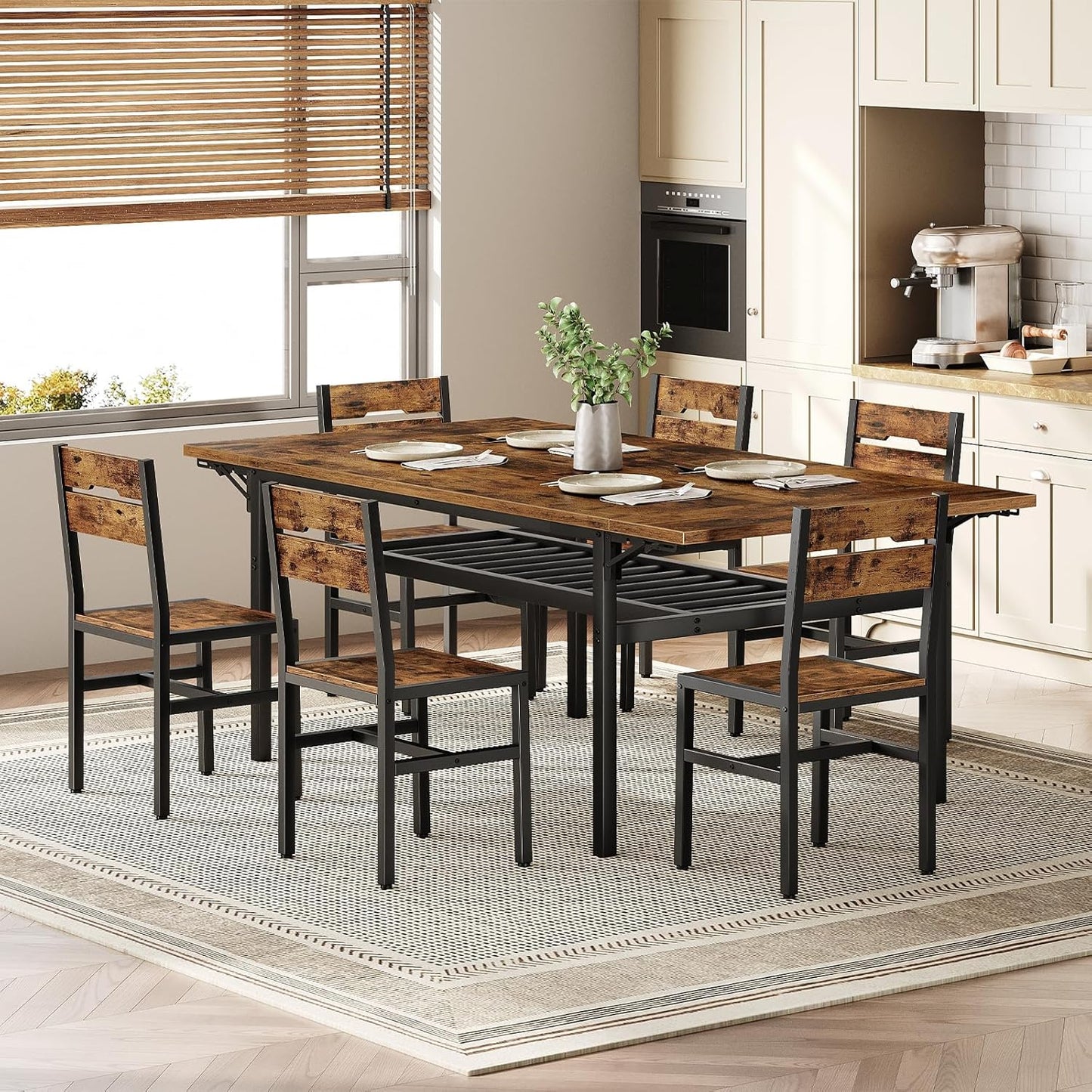 7-Piece Dining Table Set for 4-6, 63" Extendable Kitchen Table and 6 Chairs, Rectangle Dining Room Table Set for 6 with Wine Rack for Small Saving Space, Rustic Brown and Black