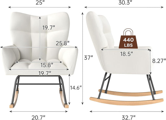 Nursery Rocking Chair, Rocking Chairs for Nursery, Baby Rocker Chair, Glider Rocker, Anti-Tip Safety Design, 440 Lb Weight Capacity, Cotton Fabric Cover, White