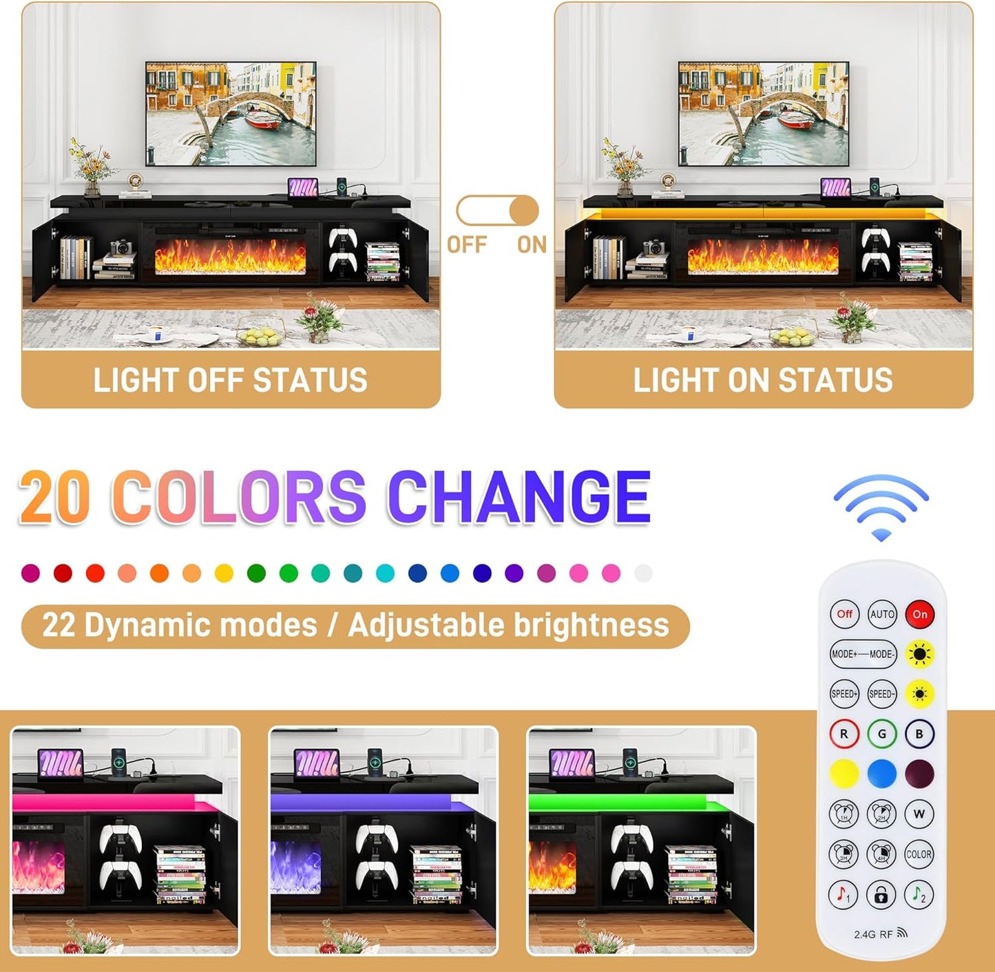 Fireplace TV Stand for 95" TV, 83" LED TV Stand with 40" Electric Fireplace & Power Outlet, High Gloss Surface, 2 Storage Cabinet, Modern Style (83 Inch, Black