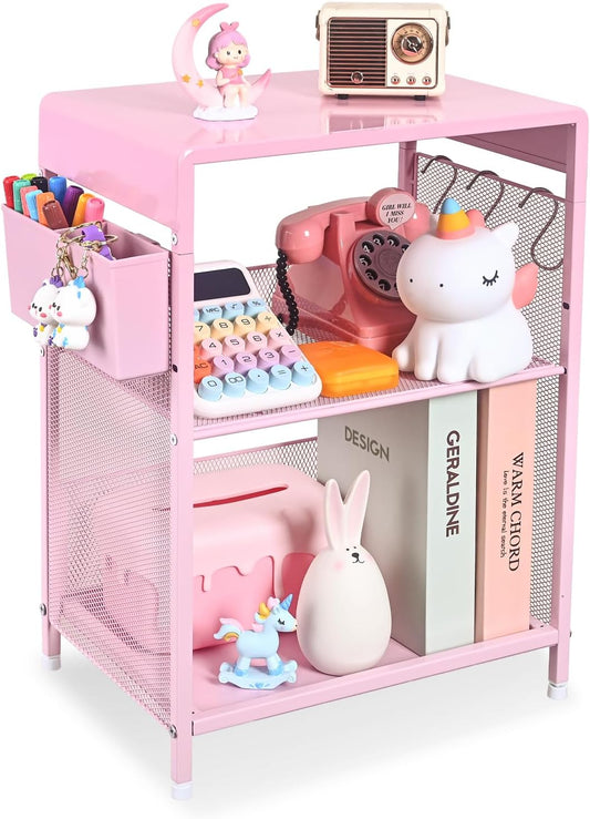 Nightstand, End Table with Hooks and Holder, Kids Nightstand for Bedroom, Toddler Bedside Table, Small Pink Desk for Girls, Coffee Table for Living Room, Dorm, Office (Pink)
