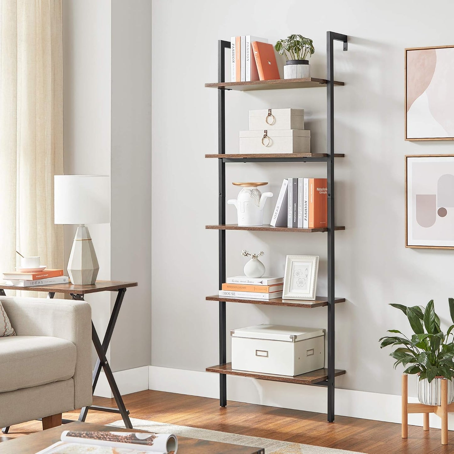 Industrial Ladder Shelf, 5-Tier Bookshelf, Wood Wall Mounted Shelf, Storage Rack Display Shelves for Living Room, Home Office, 23.6 X 11.8 X 67.7 Inches, Rustic Brown and Black ULLS102B01
