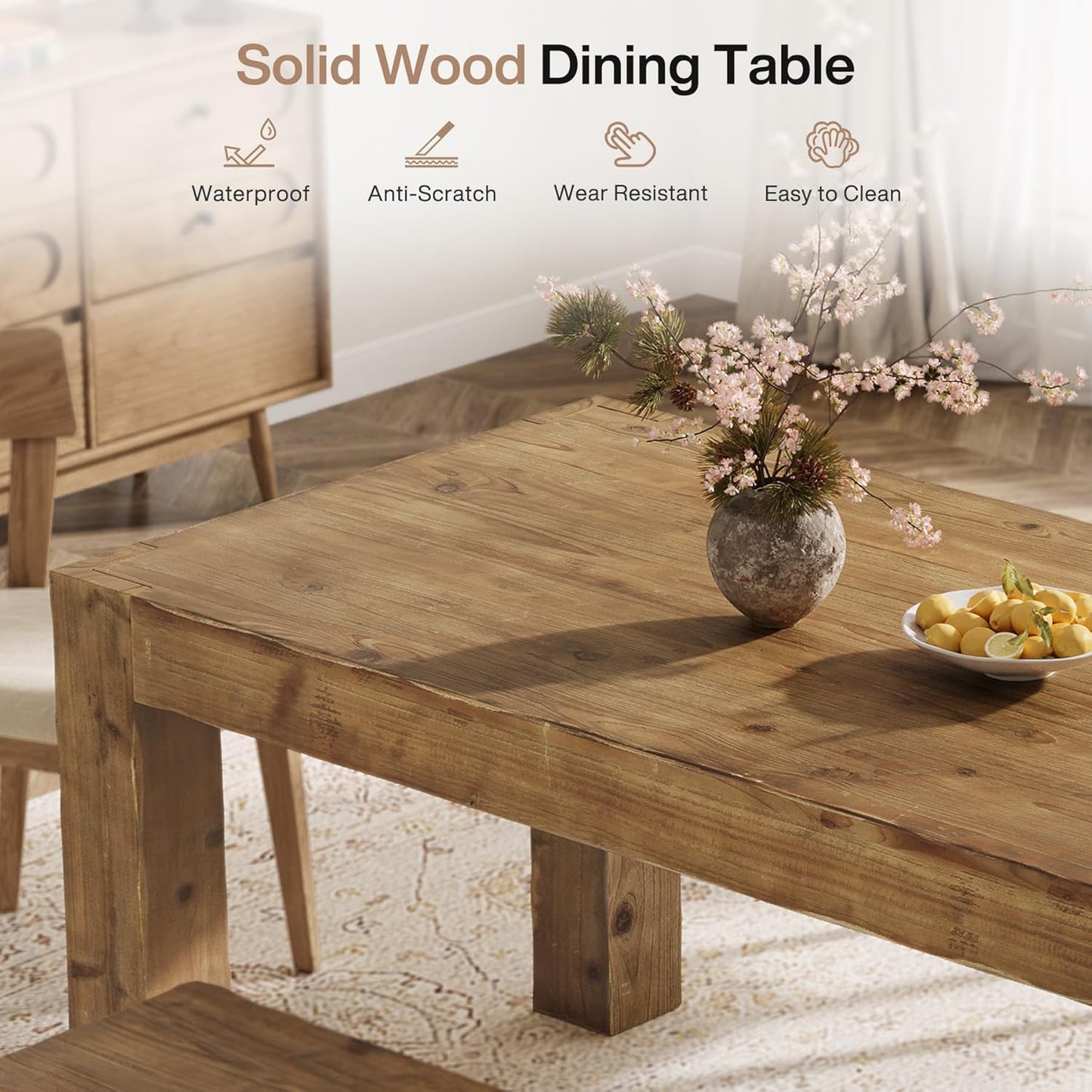 Solid Wood Dining Table for 6, 63-Inch Farmhouse Kitchen Table with Heavy Duty Legs, Rectangular Wood Dinner Table for Dining Room, Living Room (Rustic Brown)