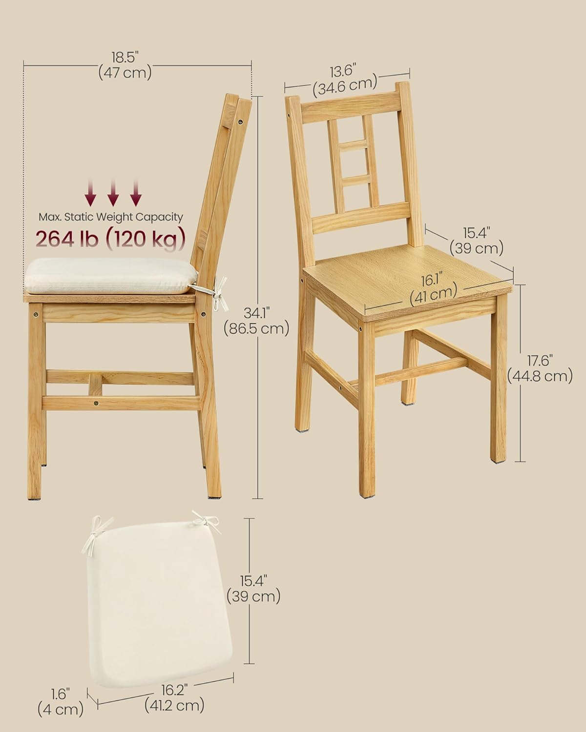 Wooden Dining Chairs, Set of 2, Kitchen and Dining Room Chairs, Removable Cushion, Curved Back, Each Supports 264 Lb, Golden Oak UKDC150N01