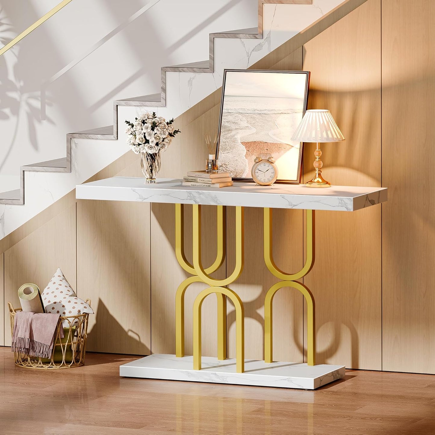 47.2 Inch Entryway Table with Marble Top, Modern Console Sofa Table, Accent Table, for Entry, Hallway, Entrance, Foyer, U-Shaped Metal Base, White Marble & Gold