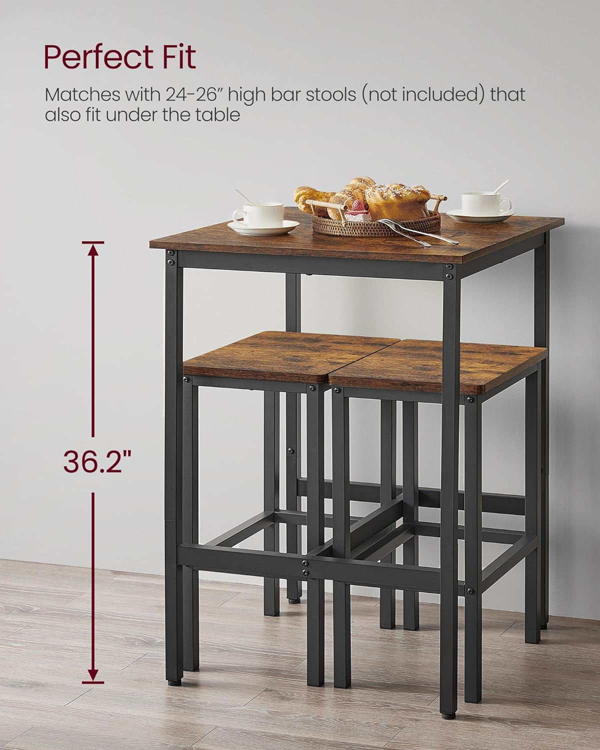 Bar Table, Small Kitchen Dining Table, High Top Pub Table, Bar Height Cocktail Table for Living Room Party, Sturdy Metal, 23.6 X 23.6 X 35.4 Inches for Narrow Spaces, Rustic Brown and Black