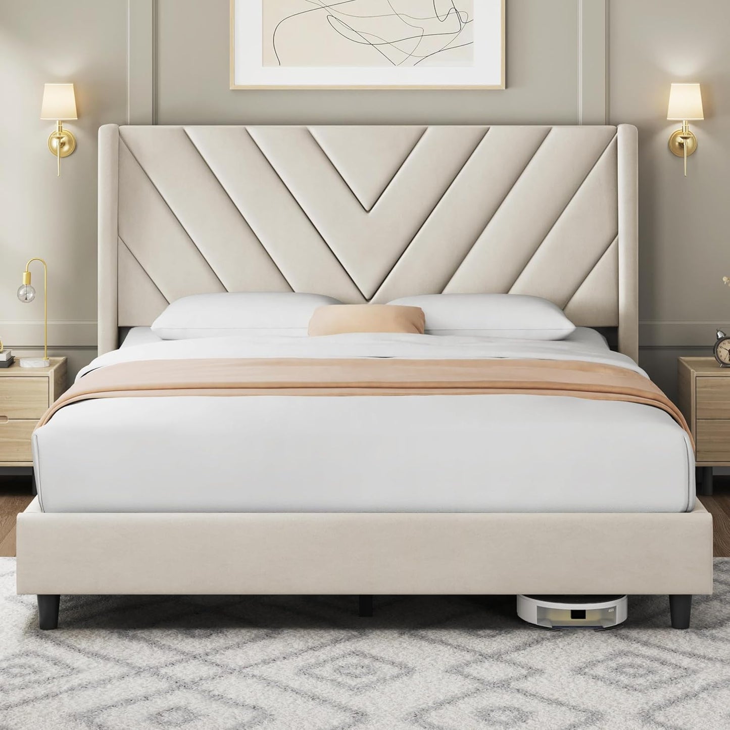 Queen Bed Frame Upholstered Platform Bed with Wing Side/Wooden Slat Support/Tufted Headboard with Wing Side/Mattress Foundation/No Box Spring Needed,Beige Queen Bed