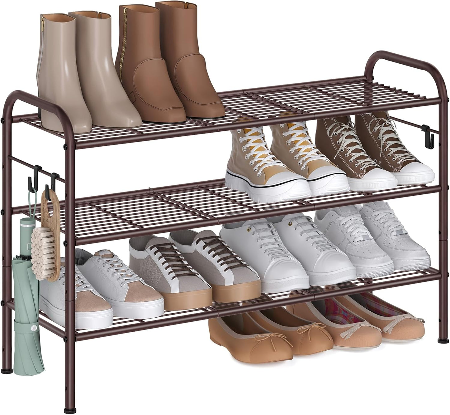 Shoe Rack, 2-Tier Shoe Organizer, Metal Shoe Shelf Storage with 4 Side Hooks, Holds 12 Pairs of Shoes, Height-Adjustable Shoe Rack for Entryway, Hallway, Closet, Easy Assembly, Ink Black