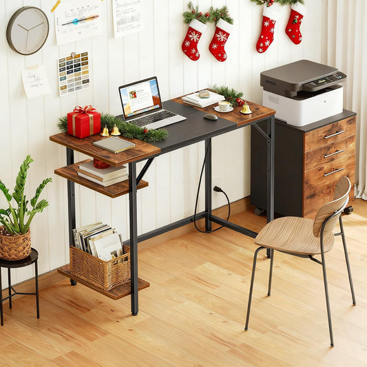 Computer Desk, Home Office Desk with Power Outlet, Writing Desk with 2 Shelves, Modern Small Desk for Home Office, Study, Easy to Assemble, Rustic Brown and Black BF43UDN01