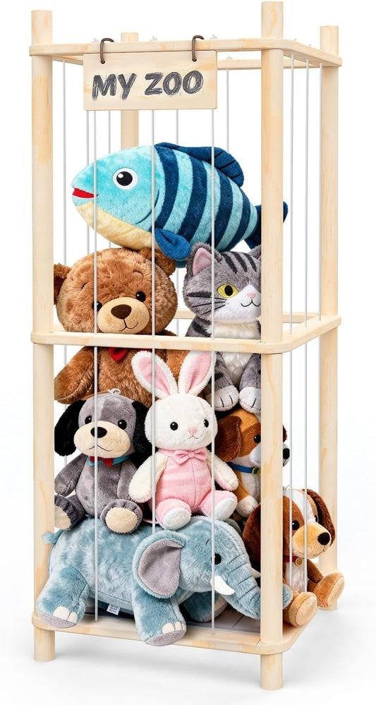 Stuffed Animal Storage Zoo Organizer – Wooden Toy Holder for Toddlers, Cute Plush Toy Cage for Kids’ Room, Playroom & Bedroom, Space-Saving Nursery Organizer with Personalized Nameplate