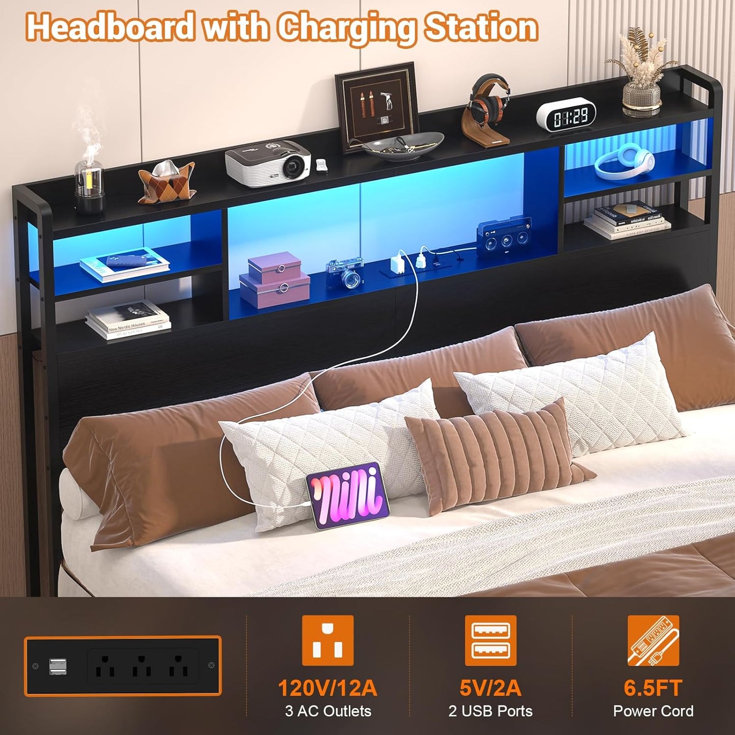 Headboard for Queen Size Bed with Storage, Headboards with LED Light, Power Outlets, USB Ports Queen Size Head Board, Wood Headboard Only Sturdy and Stable Headboards, Modern, Black