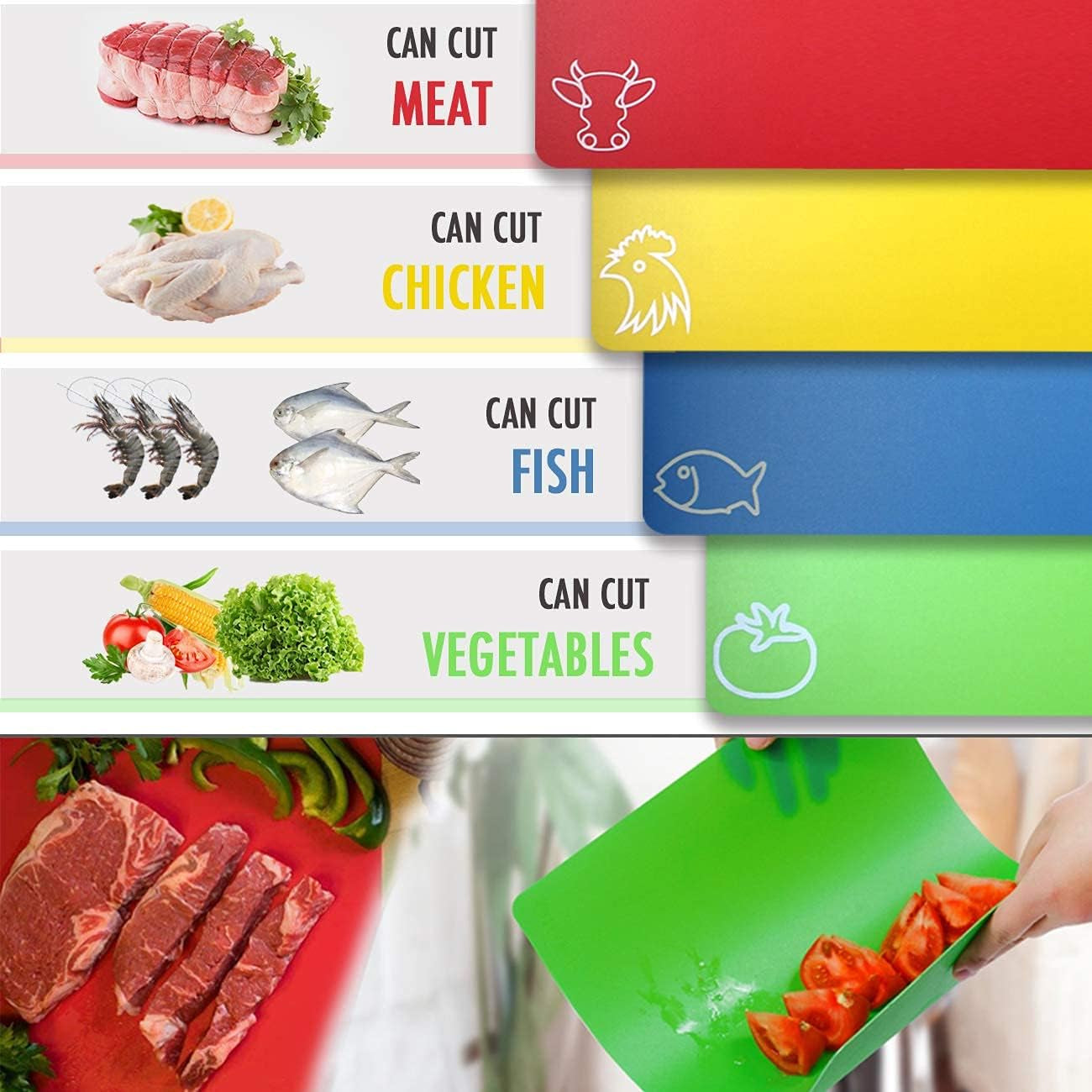 Cutting Board Mats Flexible Plastic Colored Mats with Food Icons, Bpa-Free, Non-Porous, Anti-Skid Back and Dishwasher Safe, Set of 7 Rainbow - 7 Pieces