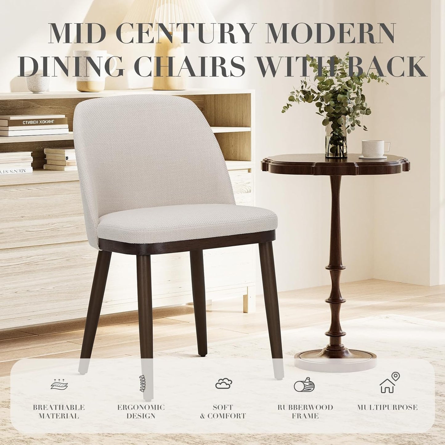 Beige upholstered fabric dining chairs with wood legs, set of 4, view 8
