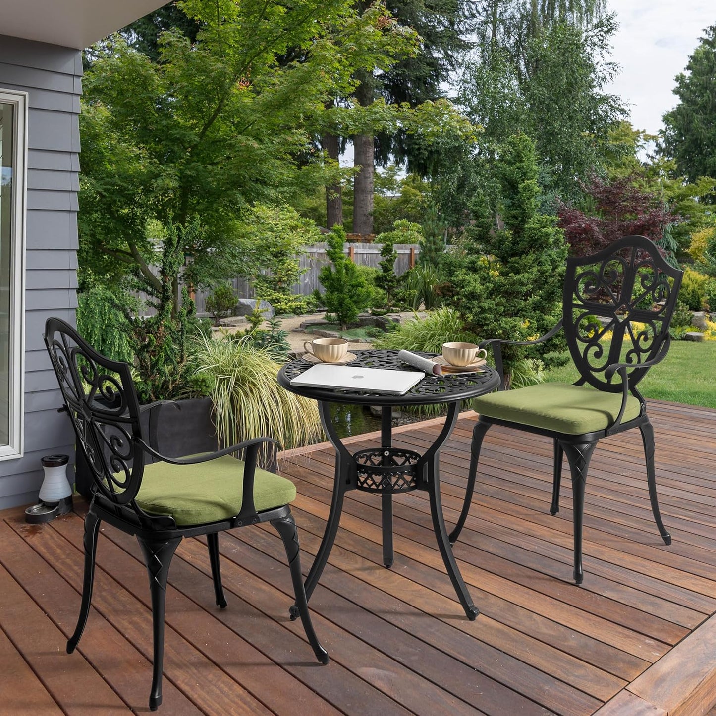 Outdoor 3-Piece Bistro Set with Cushions, round 24 Inch Cast Aluminum Bistro Table with 2.17" Umbrella Hole, 2 Cast Aluminum Bistro Chairs, for Patio, Garden, Backyard and Balcony, Black