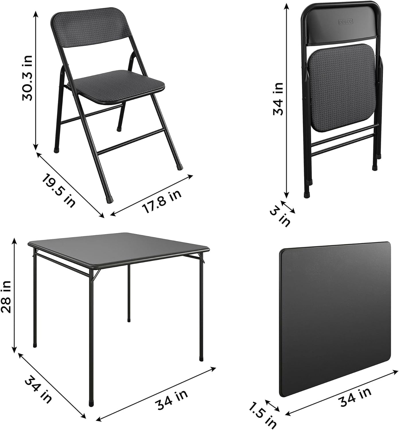 products Premium 5-Piece Table & Chair Dining Set, with 34" Vinyl Top Card Table and 4 Fabric Padded Seat & Back Folding Chairs, Black