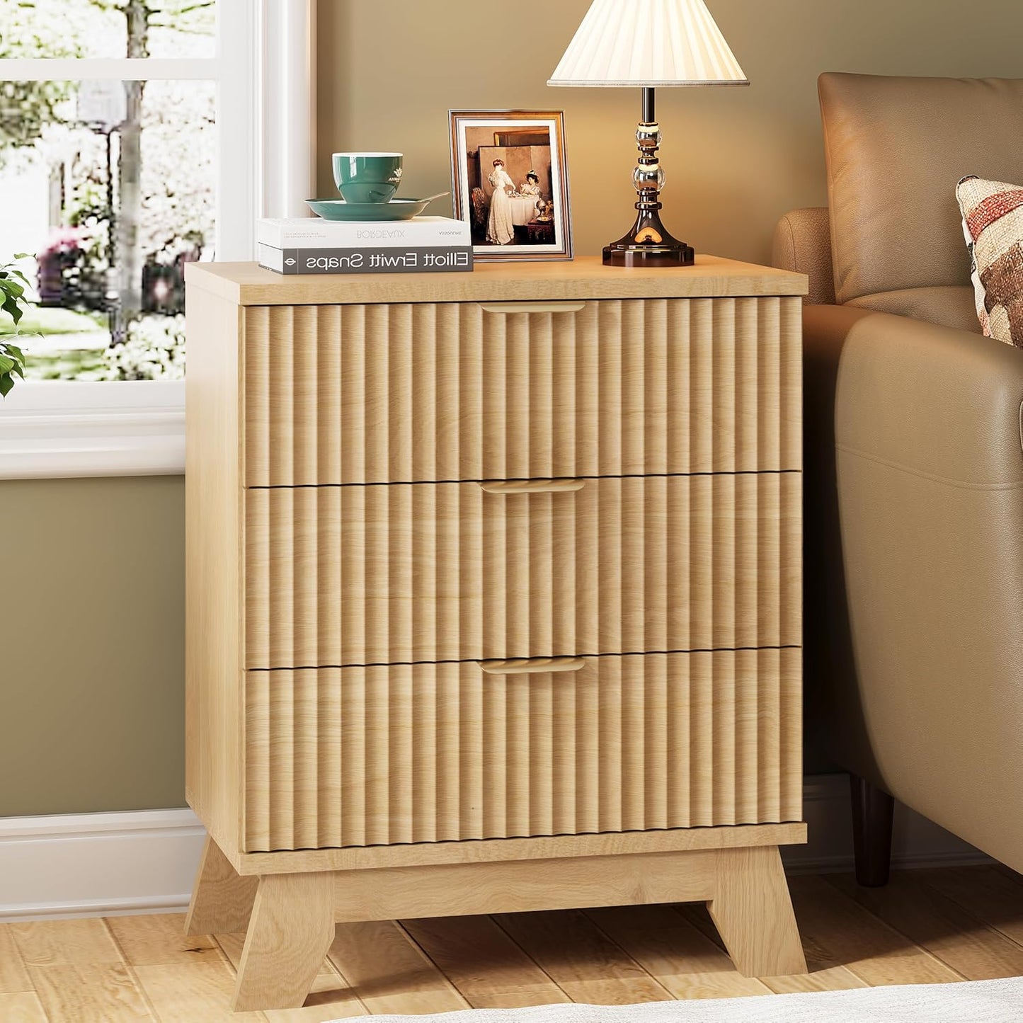 Fluted Nightstand, 24" Wide Side Table with 3 Large Storage Drawers, Mid Century Modern Wood Night Stand with Metal Handle, Wooden Bedside End Table for Bedroom, Living Room, Closet, Natural Oak