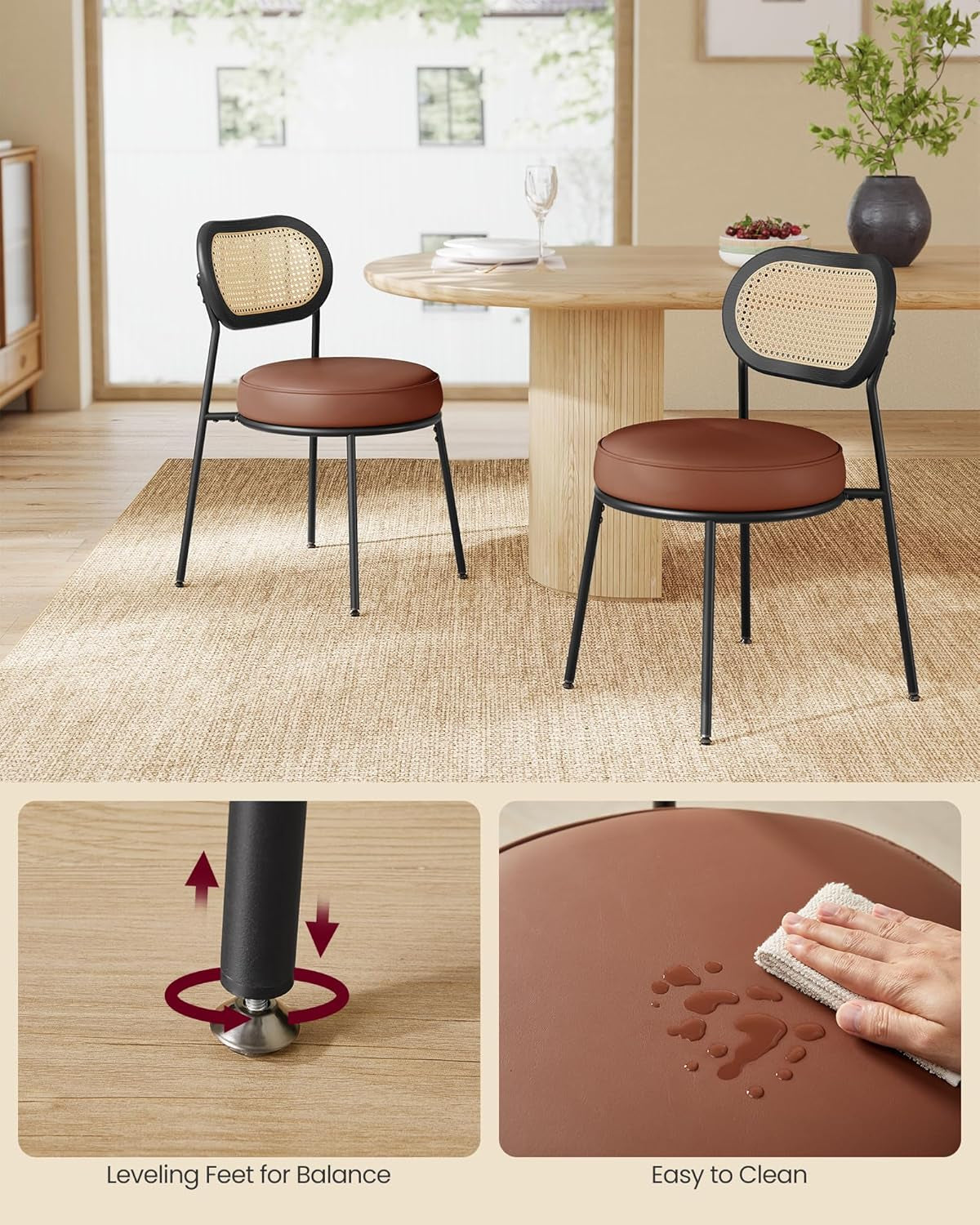 Dining Chairs, Set of 2 Accent Chair for Dining Room Kitchen, with Boho PE Rattan Back, Synthetic Leather Upholstery, Coffee Brown ULDC160K02