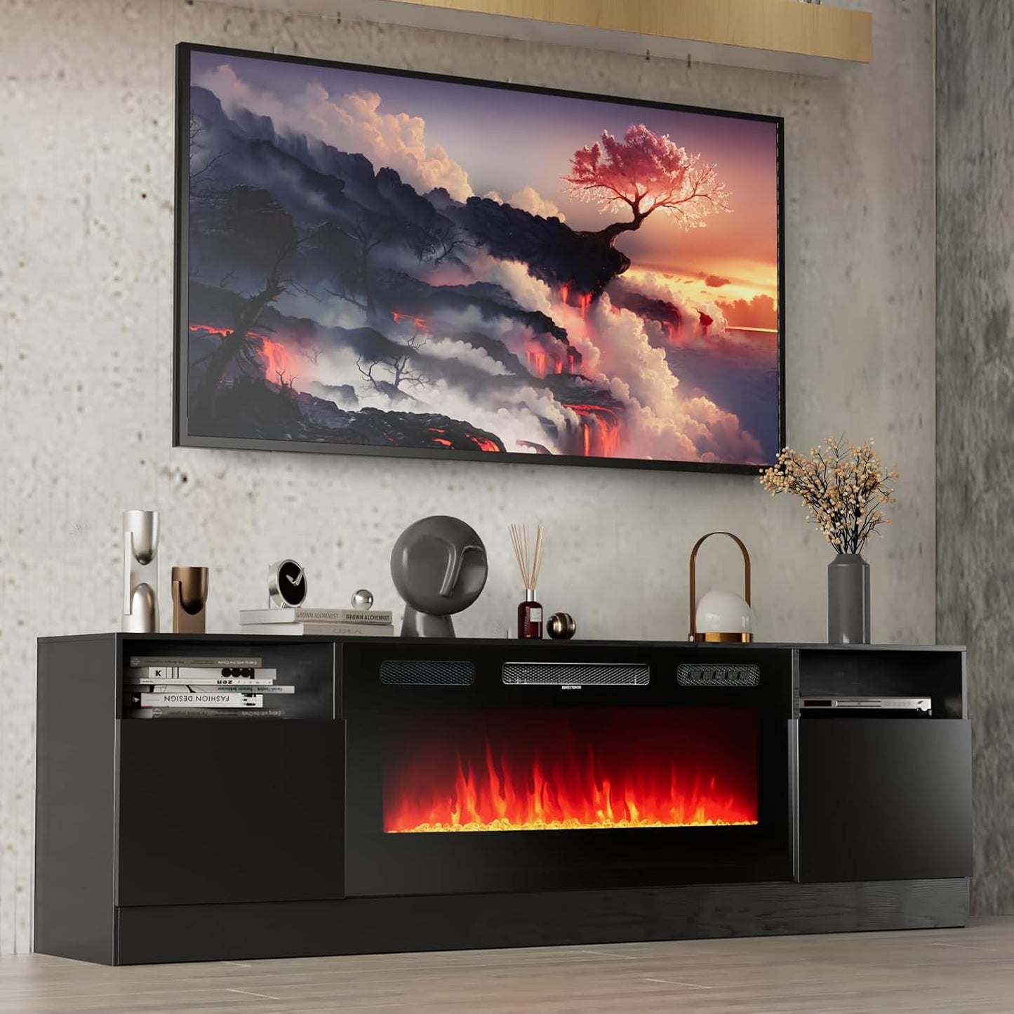 Fireplace TV Stand with 36" Electric Fireplace, LED Light Entertainment Center, Modern Wood Texture Entertainment Stand with Highlight Storage Cabinet for Tvs up to 80", 70 Inches, Black