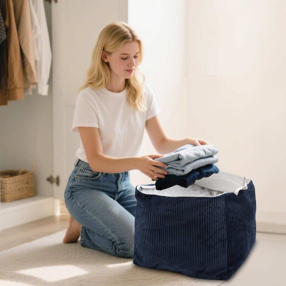 round Corduroy Pouf Cover Only, 20"X 16" Unstuffed Decorative Ottoman Foot Stool Rest, Washable Storage Bean Bag Chair Floor Pouf Covers for Living Room Bedroom, Beige