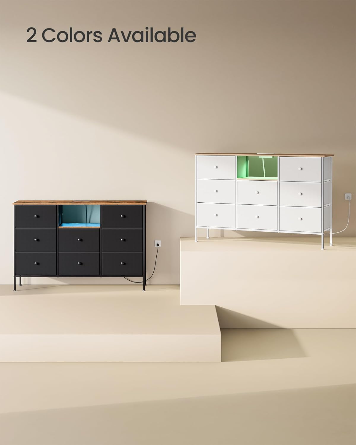 Dresser for Bedroom, Fabric Dresser with Power Outlets and LED Lights, TV Stand for up to 60 Inch Tvs, 25 Colors, 11.8 X 47.2 X 31.3 Inches, Ink Black and Rustic Brown ULTS518B01