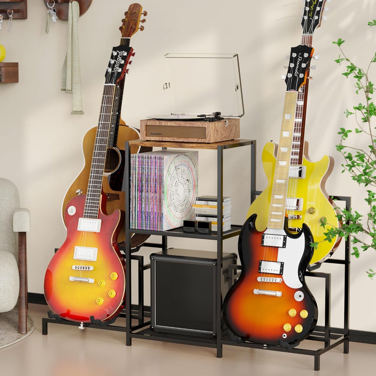 Guitar Rack Multi Guitar Stand for Multiple Guitars, Multiple Guitar Rack Holder with 3 Tier Shelf for Acoustic, Electric Guitar, Bass, Record Player, Guitar Display Stand for Home Music Studio