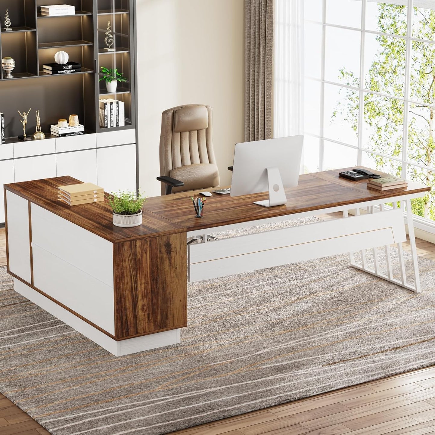 71-Inch Executive Desk, L-Shaped Desk with Cabinet, Large Office Desk with Drawers and Storage Shelves, Writing Table Computer Desk for Home Office, Brown and White