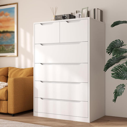 6 Drawer Dresser for Bedroom Tall Chest of Drawers for Hallway,White,43.2" H X 27.6" W X15.6 D