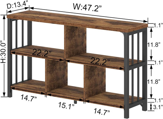 Farmhouse 3 Tier Open Book Shelf, Wood and Metal 5 Cube Storage Organizer, Modern Low Horizontal Bookshelf for Bedroom Living, Long Wide Office Cubby Bookcase with Storage, Rustic Brown, 47 Inch