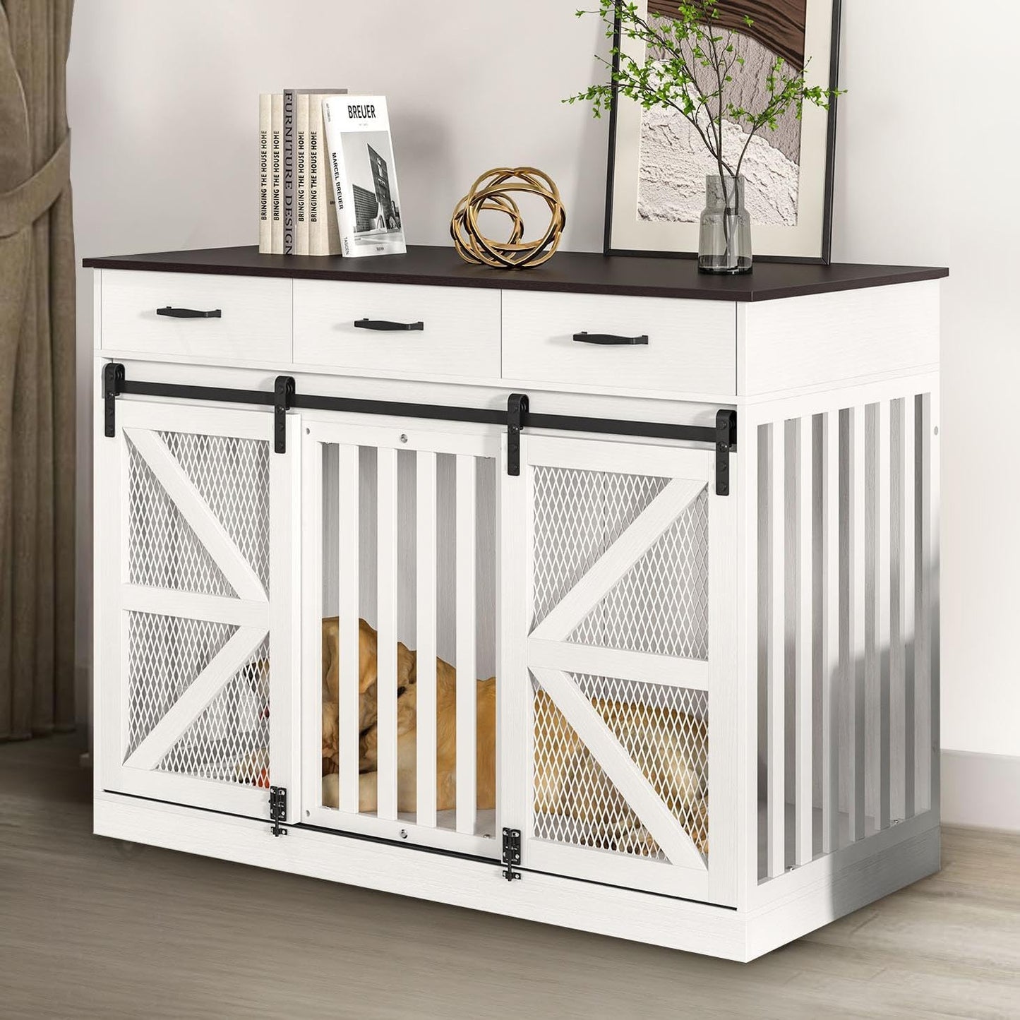 48" Dog Crate Furniture with Storage, Heavy Duty Dog Kennel Indoor with Divider for Small, Medium and Large Dogs, Large Dog Cage with Sliding Barn Door, Decorate House as TV Stand, End Table