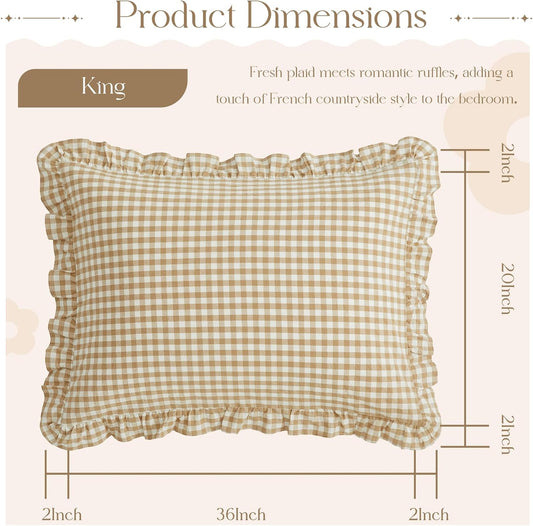 2 Pcs Plaid Ruffle Pillow Case King Size, Ruffled Gingham Cotton Pillowcases 20X36 Inch, Linen Feel Plaid Bed Pillow Shams with Envelope Closure for Sofa Bed (Taupe)