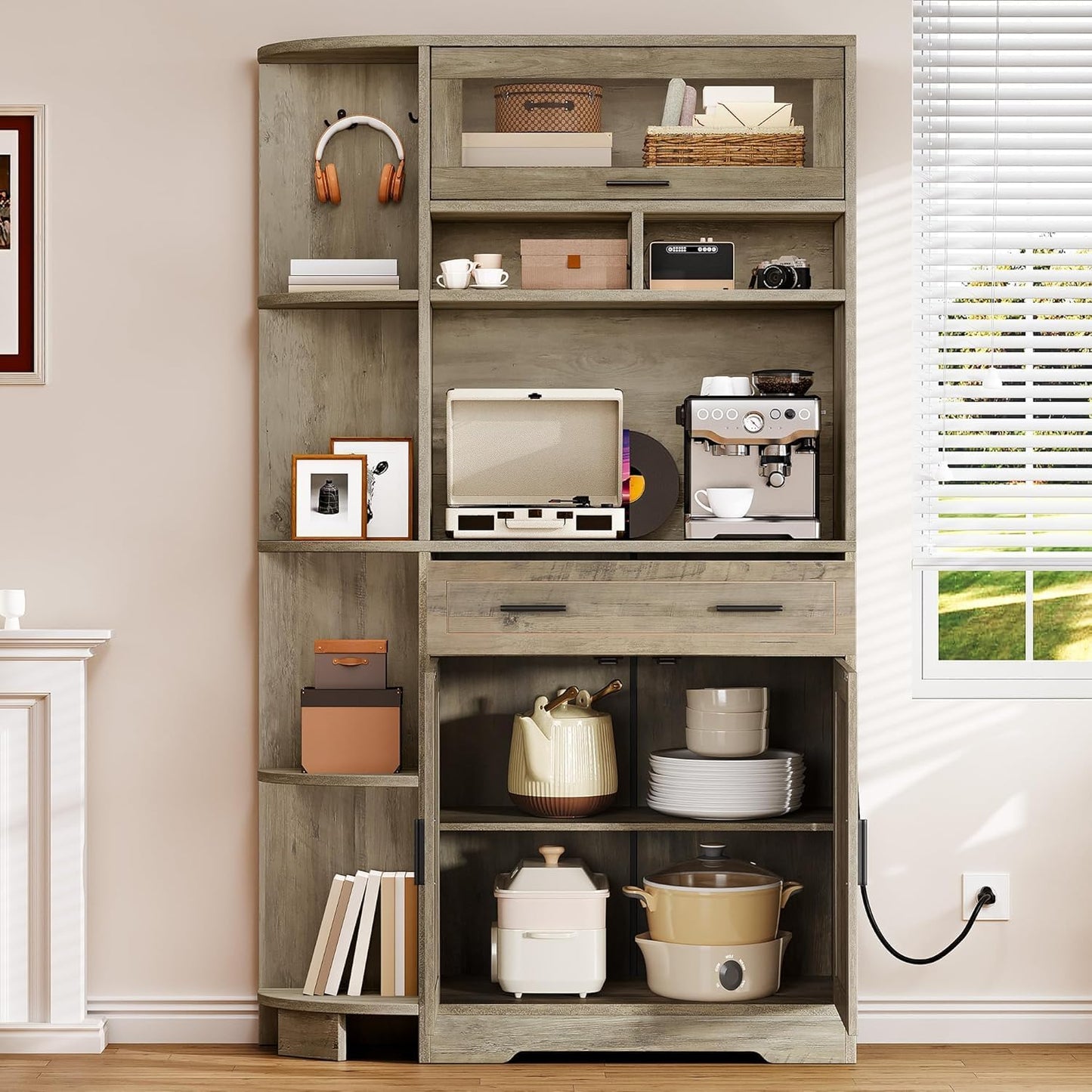 Kitchen Pantry Storage Cabinet, 67" Tall Kitchen Hutch with Outlet & Door & Shelves & Drawer, Farmhouse Wooden Microwave Stand Buffet Coffee Bar for Home Living Dining Room, Antique Gray