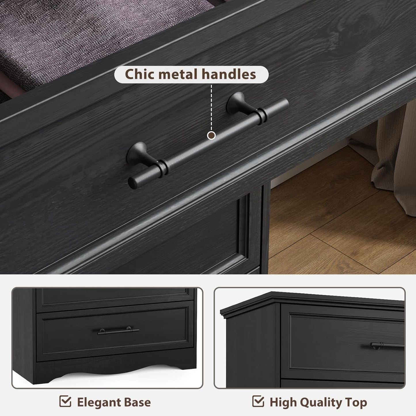Black Dresser for Bedroom, Modern 6 Chest of Drawers, 44" Tall Chest of Drawers W/Brushed Metal Handle, Wood Closet Organizers and Storage Cabinet for Bedroom, Living Room, Hallway