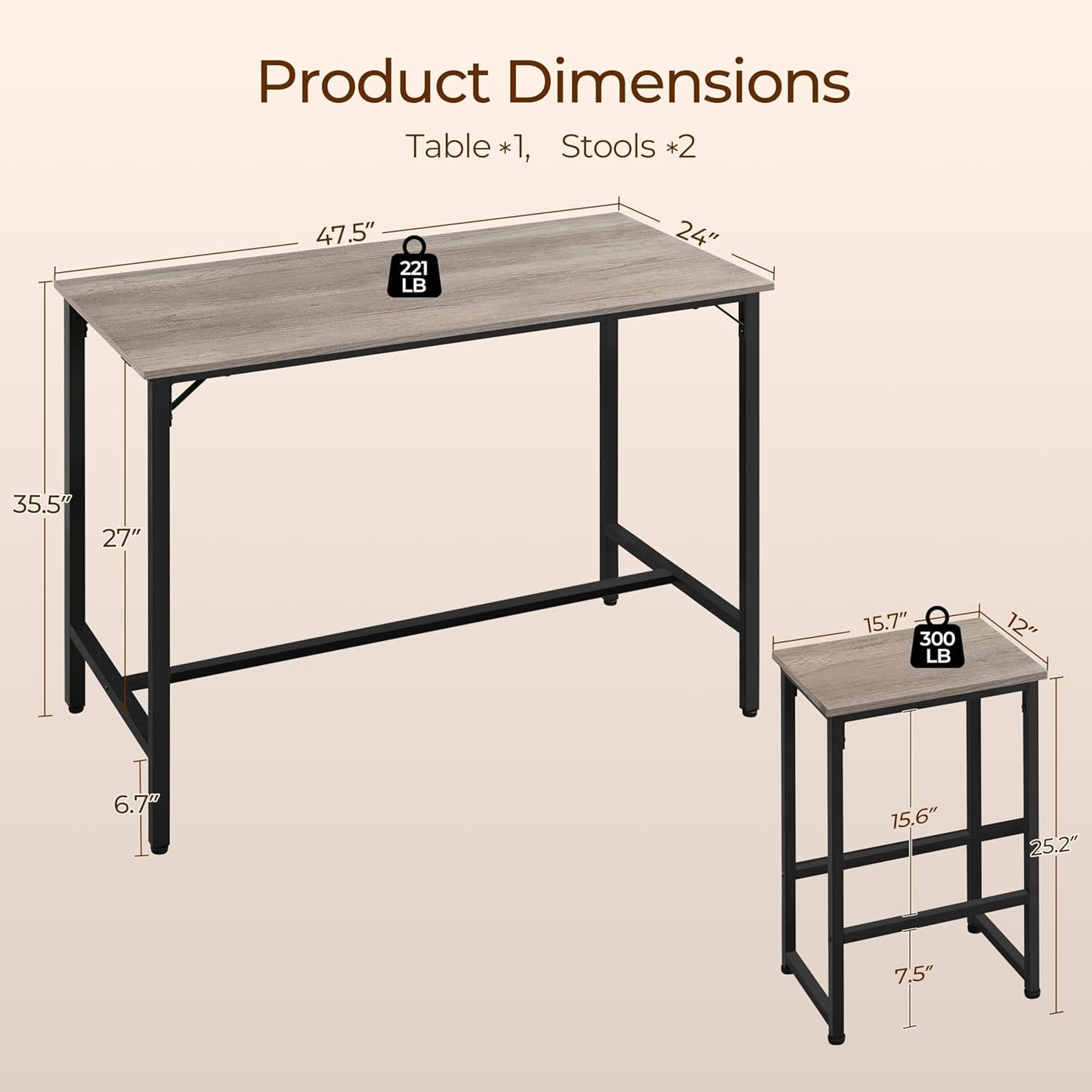 3 Piece Dining Table Set, 47.5" Industrial Pub Table Set, Counter Height Kitchen Table with Bar Stools Set of 2, for Small Space, Apartment