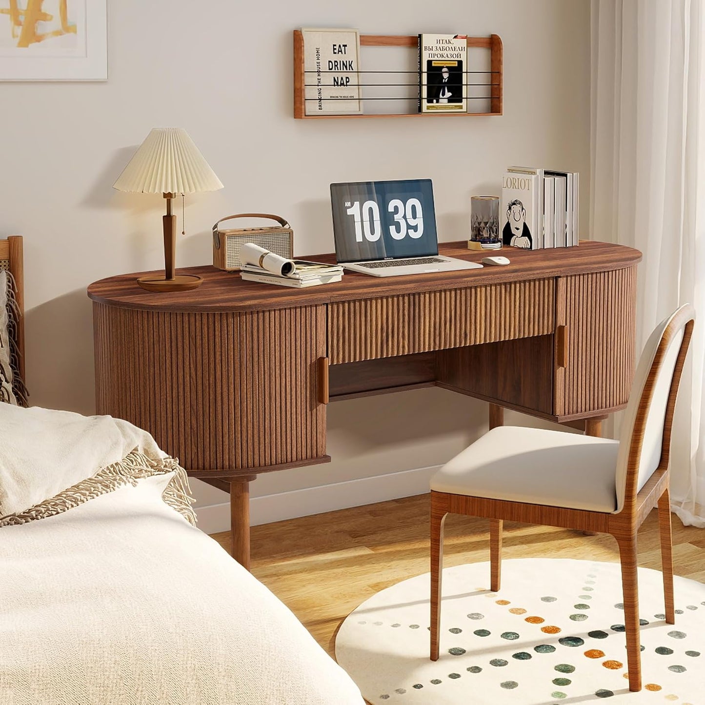 Walnut fluted oval executive desk with tambour door and drawer, view 9