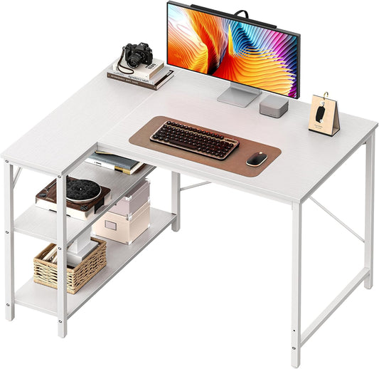 L Shaped Desk, 39 Inches Computer Desk with Reversible Storage Shelves, for Gaming Corner Home Office Writing Study, Metal Frame, White