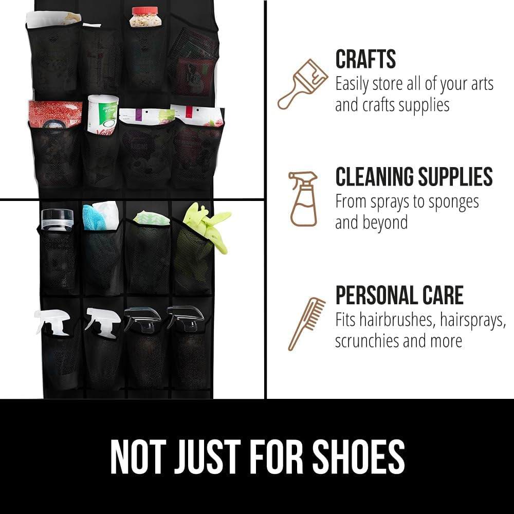 over the Door Shoe Organizer, 24 Large Breathable Mesh Pockets, Space Saving Hanging Storage Holder, Closet Rack Hanger Holds up to 40 Lbs, Hangs on Closets for Shoes, Accessories, Black