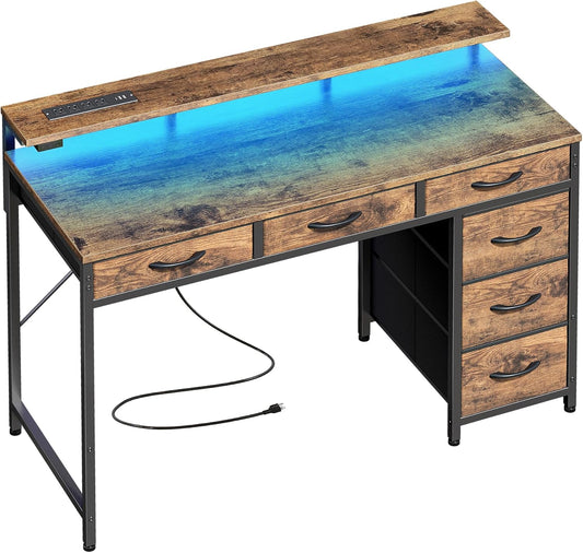 Gaming Desk with 6 Drawers, Computer Desk with LED Lights Power Outlets and Type-C, 39 Inch Office Desk with Storage, Monitor Stand, Writing Desk Work Desk Home Office, Study, Rustic Brown