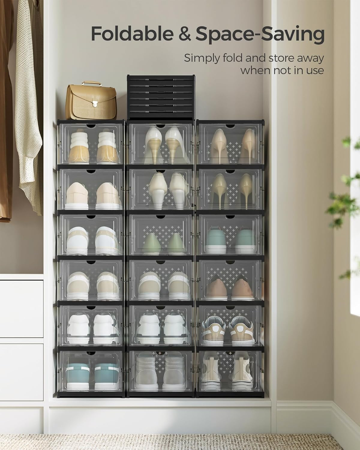 Foldable Shoe Boxes, Pack of 18 Stackable Shoe Storage Organizer, Set of 3 Integraed Shoe Cabinets, Portable, Fit up to US Size 13, 60S Assembly, Transparent and Ink Black ULSP207B01