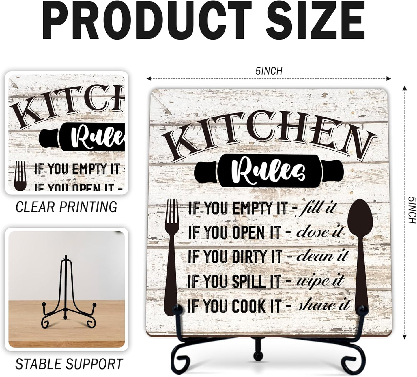Rustic Wood Plaque with Stand - Kitchen Decor - Kitchen Rules Wood Sign - Idea Wooden Decor for Home Living Room Dining Room Shelf Table Decoration (31)