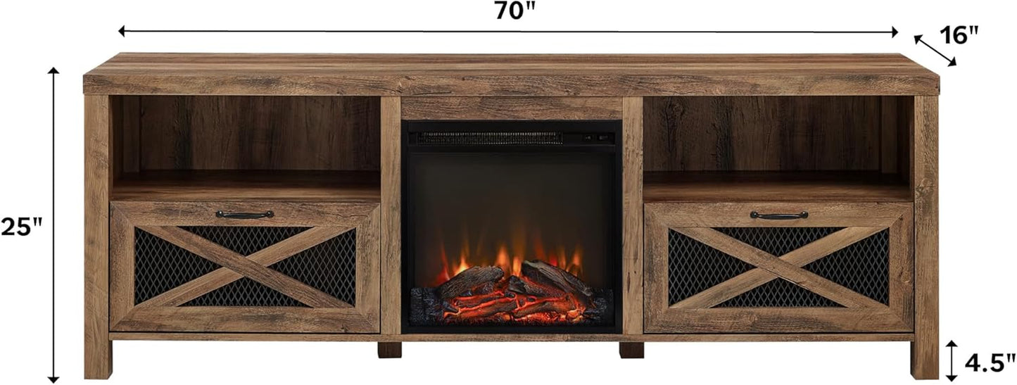 Calgary Industrial Farmhouse X-Drawer Metal Mesh and Wood Fireplace TV Stand for Tvs up to 80 Inches, 70 Inch, Rustic Oak